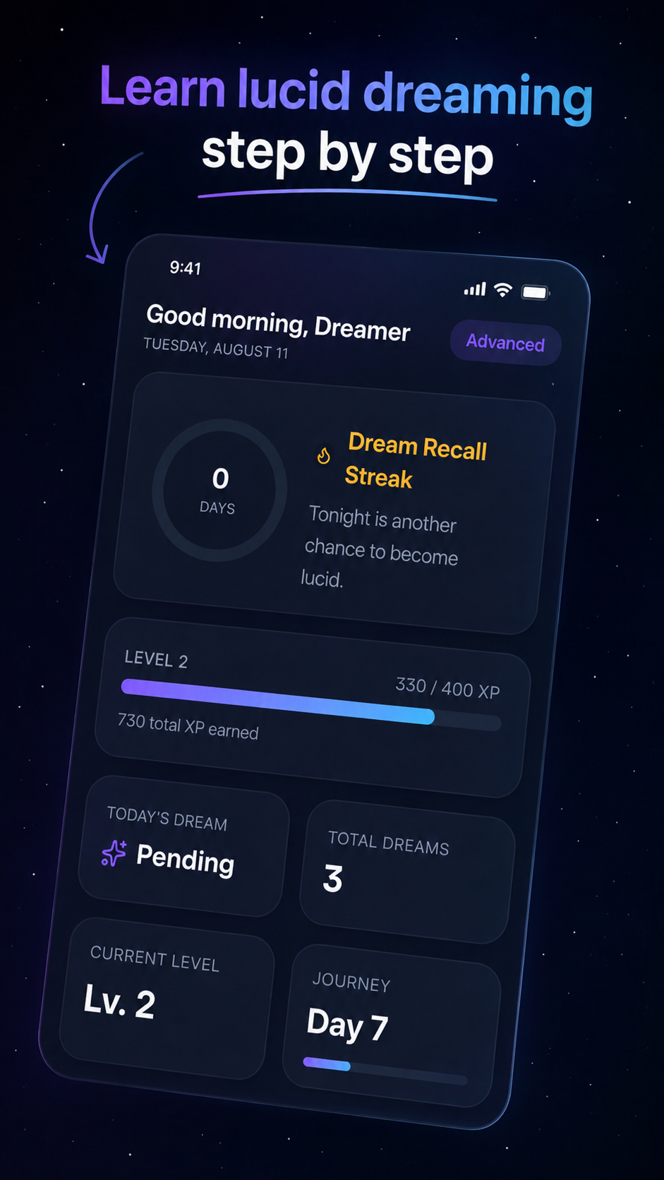 Oneirra home screen with dream recall streak, level, XP and journey day